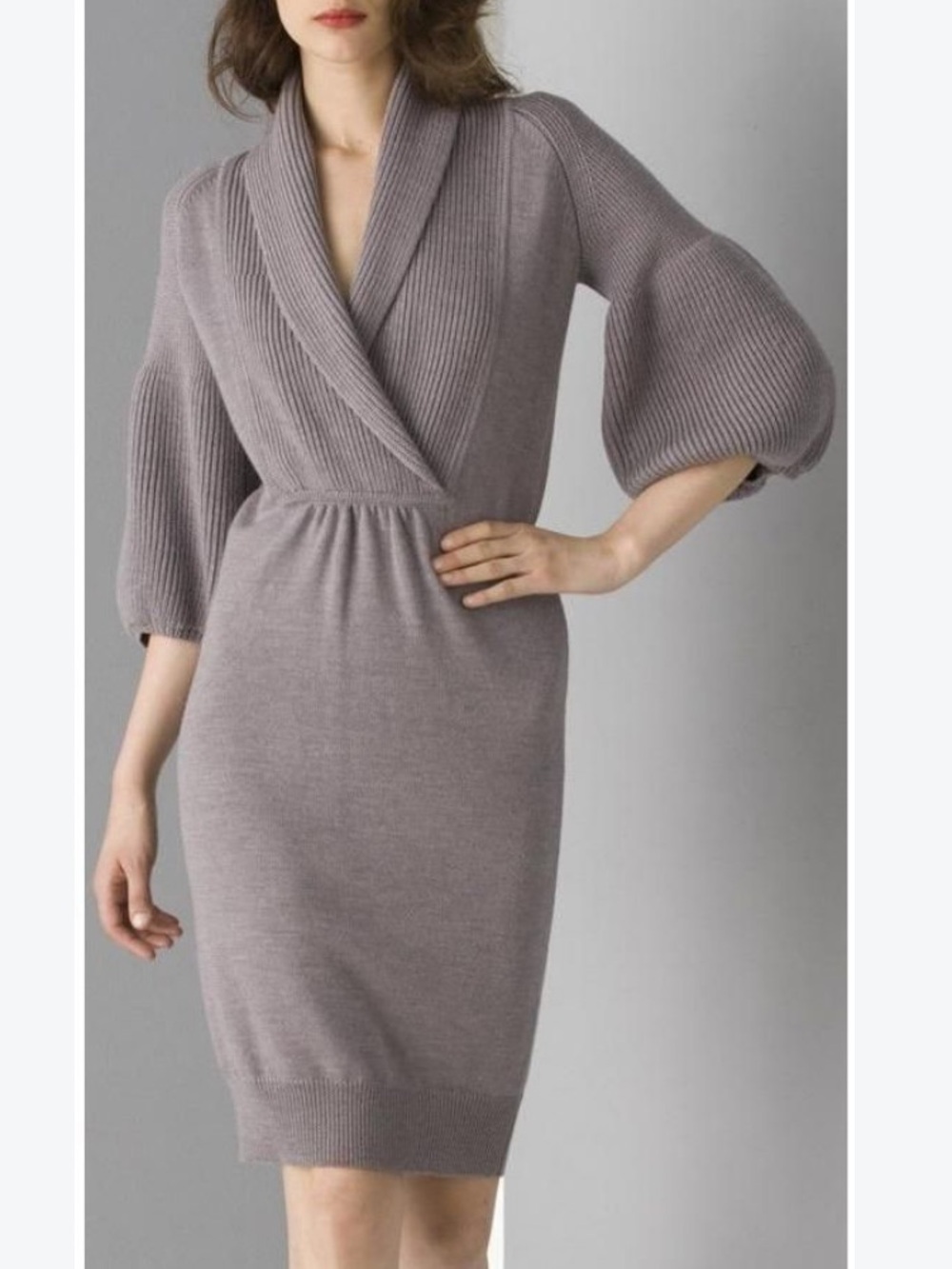Diane Von Furstenberg Shawl Collar Gray Knit 100% wool sweater Dress size S